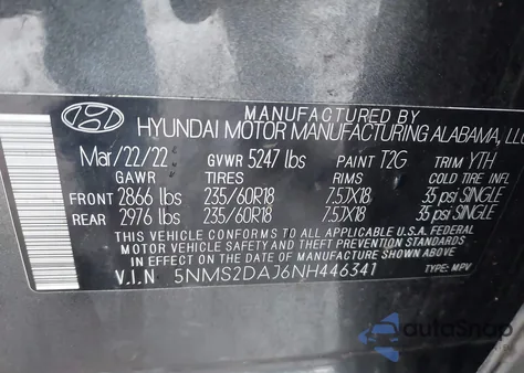 2022 Hyundai Santa Fe Sel from USA, damaged, VIN 5NMS2DAJ6NH446341